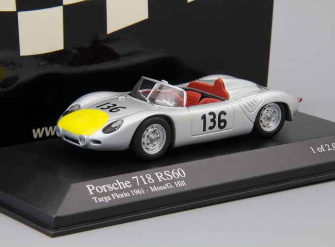 PORSCHE 718 RS60 Targa Florio Moss / G. Hill #136 (1961), silver / yellow