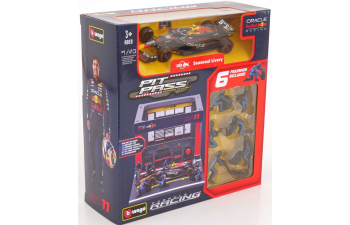 RED BULL F1 Rb19 Diorama Garage Pit-stop Team Oracle Red Bull Racing №11 Season 2023 Sergio Perez With Crew Figure And Accessories, Blue Yellow Red
