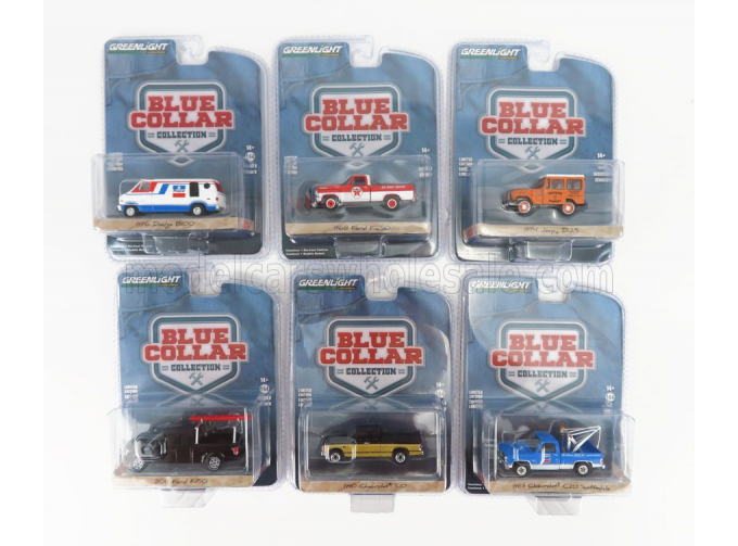 JEEP Set Assortment 6 Pieces - Dj-5 1975 - Chevrolet C-20 Pick-up 1983 - S-10 Pick-up 1990 - Dodge B100 Van 1976 - Ford F-250 Pick-up 1968 - F-150 Pick-up 2017 - Blue Collar, Various