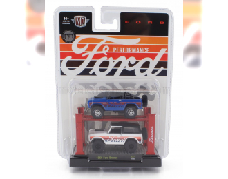 FORD 2x Bronco (1966) - Garage Set Officina - Ponte Sollevatore Auto - Four Post Lift, White Blue