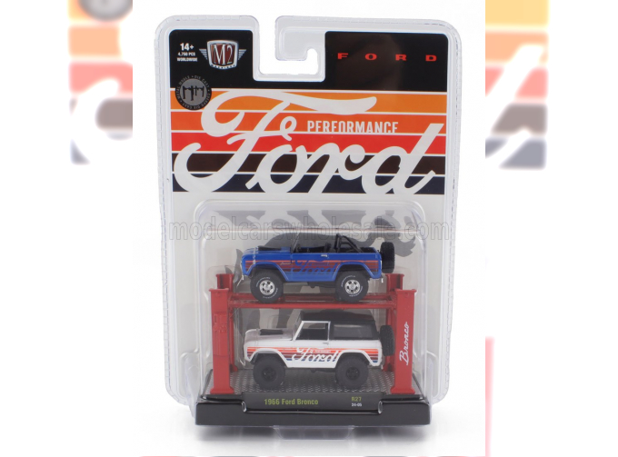 FORD 2x Bronco (1966) - Garage Set Officina - Ponte Sollevatore Auto - Four Post Lift, White Blue