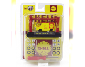 DODGE A-100 Van Shell With Accessories (1967) - Garage Set Officina - Ponte Sollevatore Auto - Four Post Lift, Yellow Red