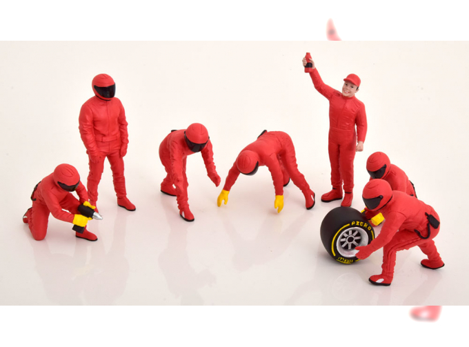 FIGURES F1 Set 2 2022 - Diorama Pit-stop Set 7 X Meccanici - Mechanics - With Decals, Red