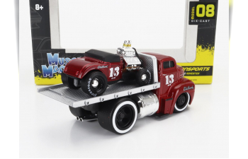 FORD Coe Flatbed Truck Car Transporter (1965) With Roadster №13 Custom (1932), Red Met