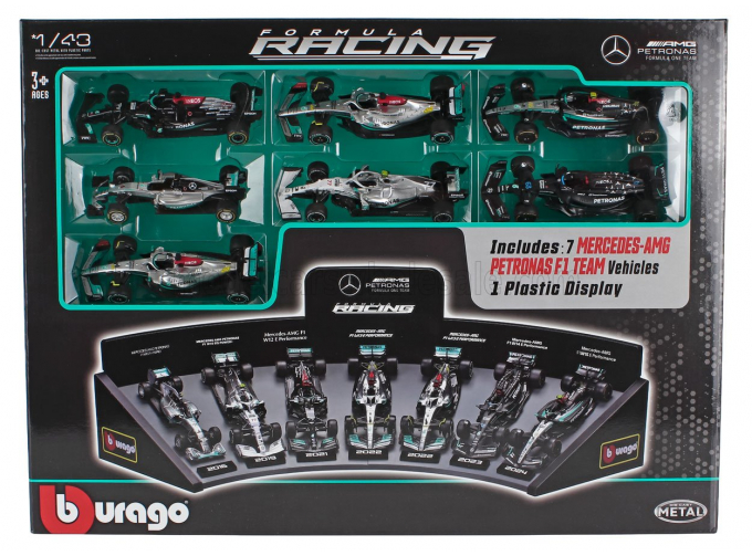 MERCEDES-BENZ AMG GP Set F1 7x W05 №6 2014 Nico Rosberg - W07 №44 World Champion (2016) Lewis Hamilton - W10 №77 (2019) Valtteri Bottas - W12 N 44 2021 - W13 №44 2022 - W14 N 63 2023 George Russell - W15 N 44 2024, Black Silver Green
