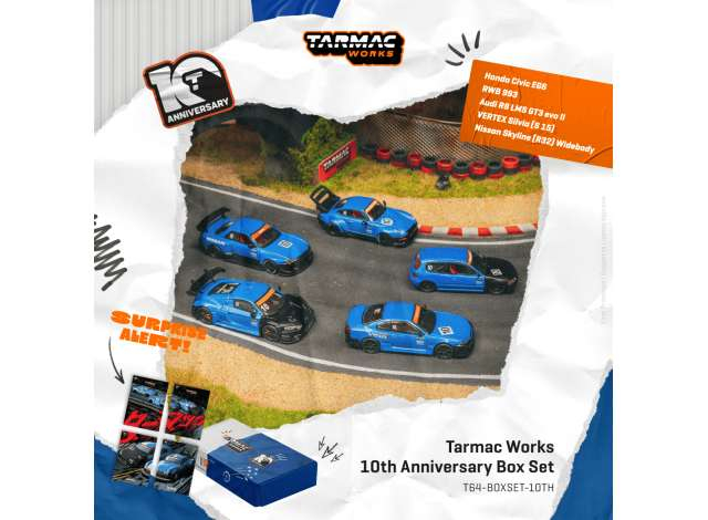 Tarmac Works 10th Anniversary Box Set, 5 Model Cars + Trading Cards Combo Set, black/blue