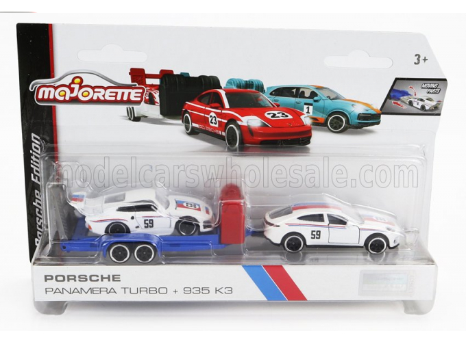 PORSCHE Panamera Turbo N 59 2020 With 935 K3 N 59 Imsa (1979) + Trailer Car Transporter, White Red Blue