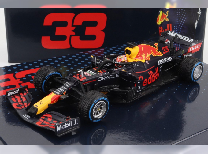 RED BULL F1 Rb16b Honda Ra620h Team Aston Martin N33 World Champion Winner Spa Belgium Gp Max Verstappen (2021) - Coffret Box, Matt Blue Yellow Red