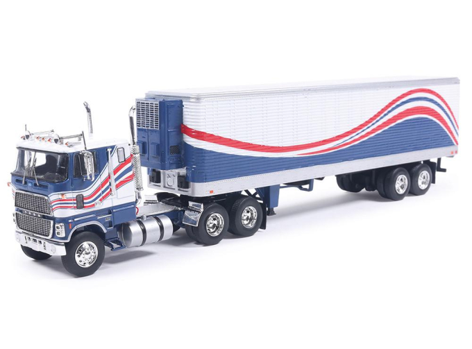 FORD CL 9000 with Vintage Trailer (1976), blue/red/white