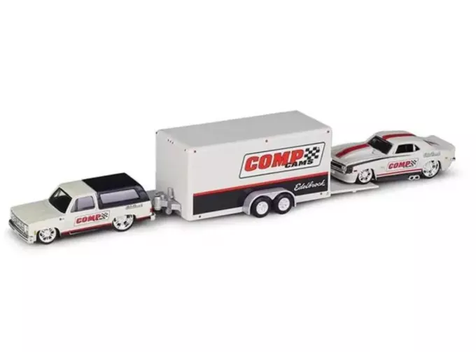 CHEVROLET Blazer K5 (1979) With Trailer Car Transporter + CHEVROLET Camaro Z/28 Coupe Racing Comp Cams (1968), White Black