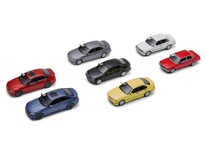 Набор из 7 моделей BMW 3 Collection 50 Years - 7 поколении - E21 1975 - E30 1982 - E36 1990 - E46 1997 - E90 2005 - F30 2011 - G20 2018