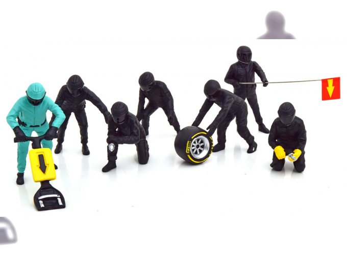 FIGURES F1 Set 1 2020 - Diorama Pit-stop Set 7 X Meccanici - Mechanics - With Decals, Black Green