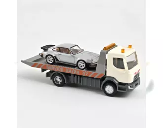 RENAULT Carro Attrezzi Truck Car Transporter With Porsche 911 930 3.0 Turbo Coupe (1987), White Silver