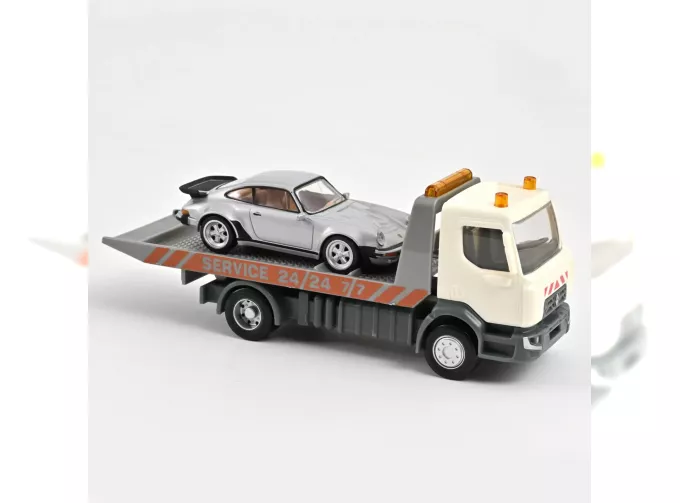 RENAULT Carro Attrezzi Truck Car Transporter With Porsche 911 930 3.0 Turbo Coupe (1987), White Silver