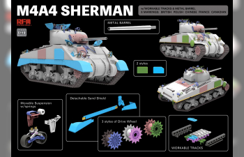 Сборная модель aмериканский средний танк M4A4 Sherman с рабочими траками и металлическим стволом