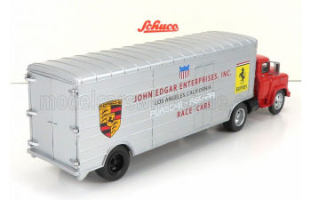 GMC Truck Car Transporter Team John Edgard Enterprises Inc. Los Angeles California Ferrari - Porsche Race Cars 1950, Red Silver