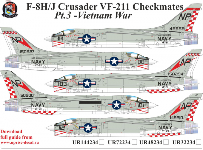 Декаль для F-8H/J Crusader VF-211 Checkmates Pt.2, с тех. надписями, FFA (удаляемая лаковая подложка)