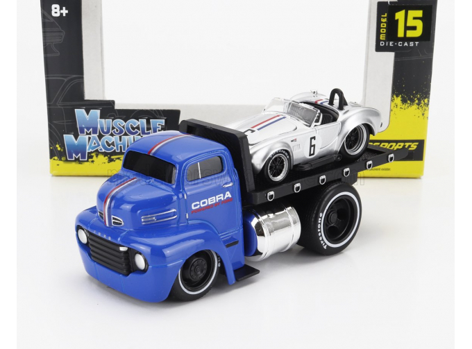 FORD Coe Flatbed Truck Car Transporter (1965) With Shelby Cobra №6 Custom (1964), Blue Silver