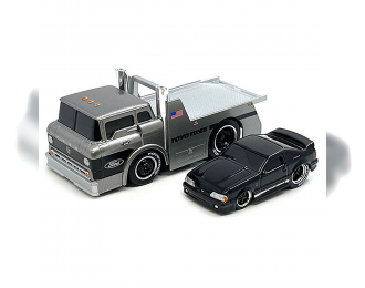 FORD USA C600 Flatbed Truck Car Transporter( 1966) With FORD Mustang Svt Cobra Coupe Toyo Tires Custom (1993), Silver Black