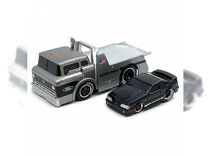 FORD USA C600 Flatbed Truck Car Transporter( 1966) With FORD Mustang Svt Cobra Coupe Toyo Tires Custom (1993), Silver Black