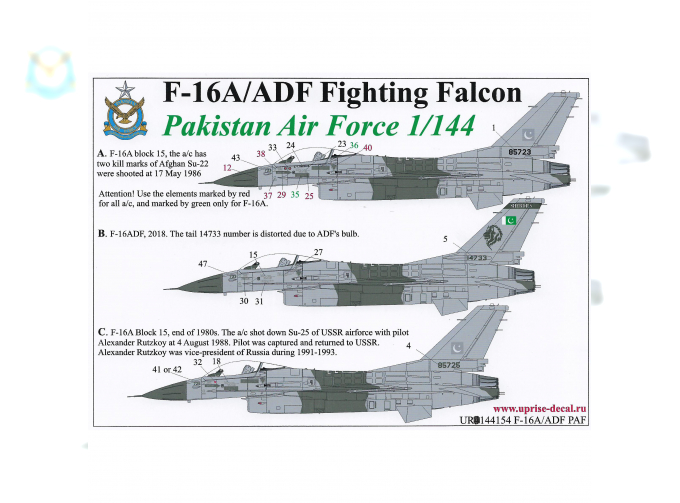 Декаль для F-16A/ADF PAF, Rutskoy Su-25 and Afghan Su-22 killer