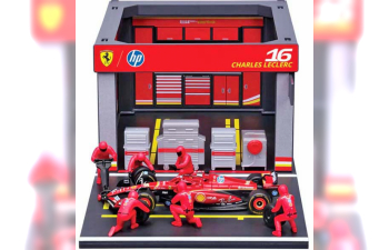 FERRARI F1 Sf-24 Diorama Garage Pit-stop Team Scuderia Ferrari №16 Season (2024) Charles Leclerc With Crew Figure And Accessories, Red Black
