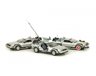Набор из 3-х моделей DeLorean DMC-12 из трилогии Назад в Будущее (Back To The Future pt.I, pt.II, pt.III)