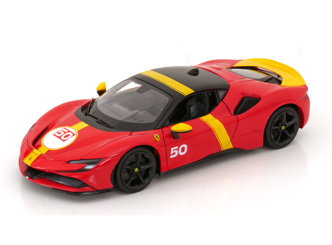 FERRARI Sf90 Stradale Hybrid 1000hp №50 24h Le Mans Livery - Con Vetrina - With Showcase - Exclusive Carmodel, Red Yellow
