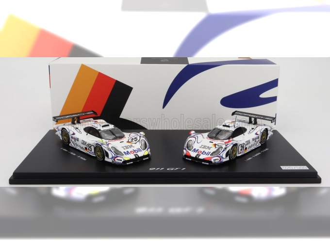 PORSCHE Set 2x 911 Gt1-98 Team Porsche Ag Mobil 1 №26 Winner 24h Le Mans (1998) A.Mcnish - L.aiello - E.Ortelli + №25 2nd 24h Le Mans J.Muller - U.Alzen - B.Wollek, White Blue Red