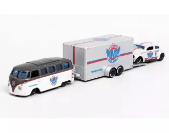 VOLKSWAGEN Van Samba Dark Gray Metallic / White + Volkswagen Beetle White Metallic + Enclosed Car Trailer Silver "Toyo Tires" "Team Haulers"