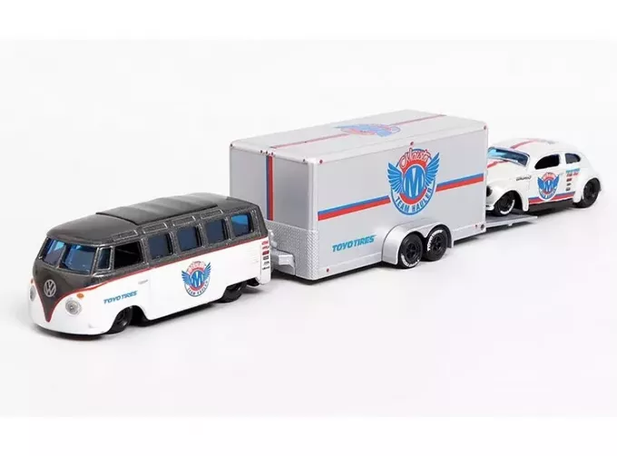 VOLKSWAGEN Van Samba Dark Gray Metallic / White + Volkswagen Beetle White Metallic + Enclosed Car Trailer Silver "Toyo Tires" "Team Haulers"