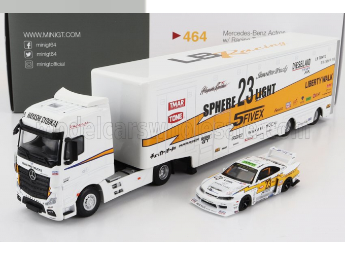 MERCEDES-BENZ Actros 2 Gigaspace 1851 Car Transporter Lb Racing (2016) With Nissan Silvia (s15) Coupe №23 Formula Drift Japan (2021) T.hibino, White Yellow