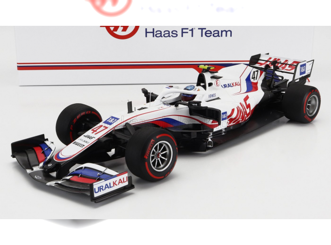 HAAS F1 Vf-21 Ferrari 065/6 Team Uralkali N 47 Belgium Gp (2021) Mick Schumacher With Michael Schumacher Retro Helmet Livery, White Blue Red