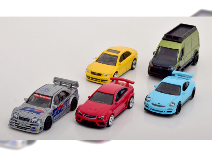 GERMAN CAR SET Audi S4, Porsche 911 GT3 RS Mercedes C63 AMG C-Class DTM Sprinter in Container packaging