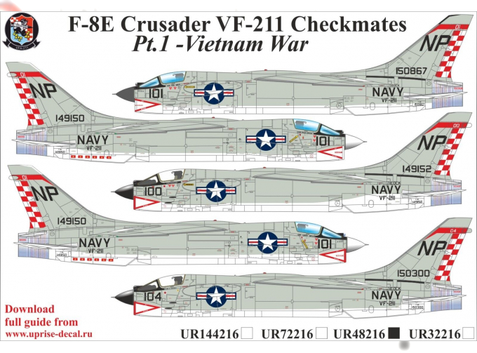 Декаль F-8E Crusader VF-211 Checkmates Pt.1 - Vietnam War, с тех. надписями, FFA (удаляемая лаковая подложка)