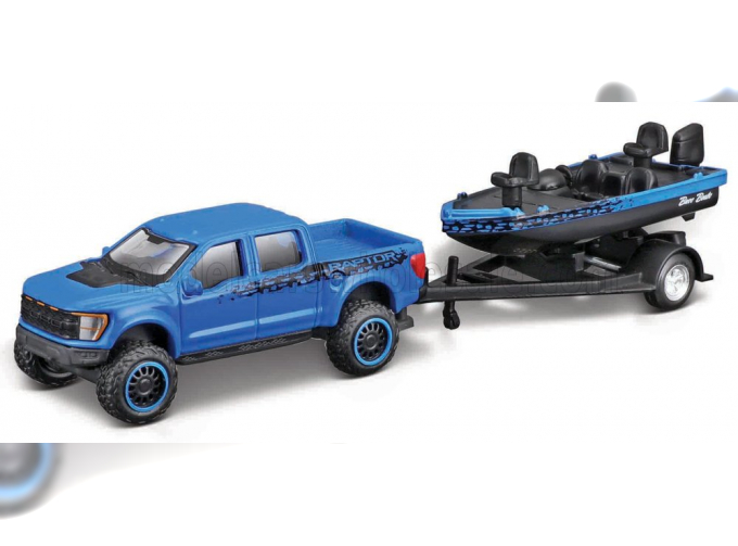 FORD F-150 Svt Raptor Pick-up With Bass Boat And Trailer (2021), Blue Black