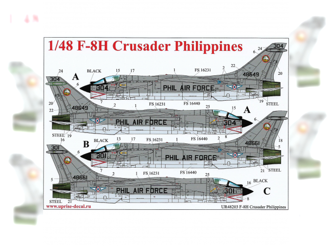 Декаль для F-8H Crusader Pilippines с полными тех. надписями