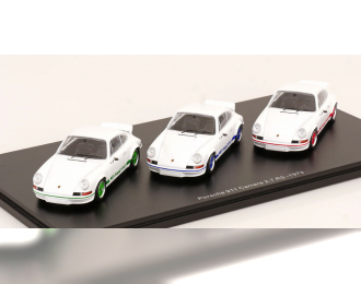 PORSCHE 911 Carrera 2.7 RS set with 3 modelcars  50 years RS (1973), white with green blue red