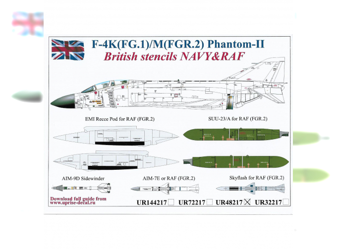 Декаль для F-4K/M British Phantom-II (FG.1/FGR.2), с тех. надписями, FFA (удаляемая лаковая подложка)