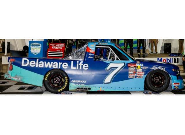 Chevrolet Silverado #7 Carson Hocevar *Delaware Life*, blue/white 2025