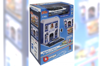 ACCESSORIES Diorama - Set Build Your City Police Station - Caserma Polizia - With Alfa Romeo Giulia (2015), Light Blue White