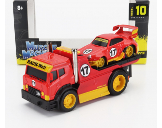 TRUCK Jdm Flatbed Truck Car Transporter With PORSCHE 911 993 Rwb Custom (1996), Red Yellow