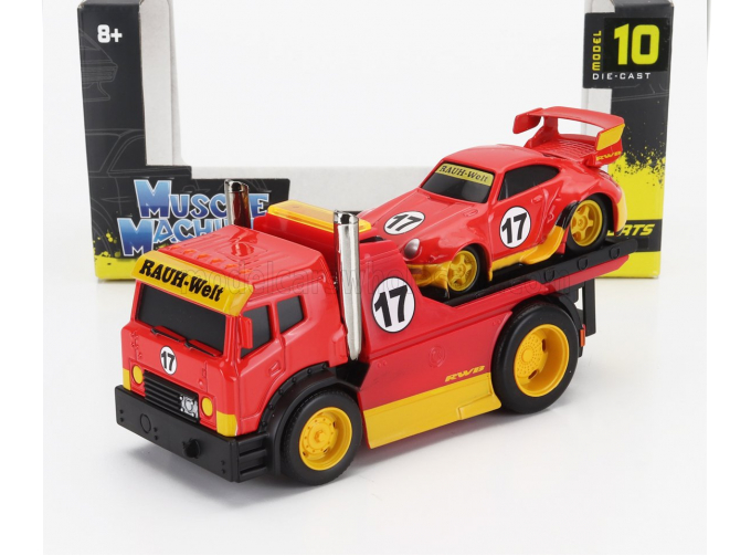 TRUCK Jdm Flatbed Truck Car Transporter With PORSCHE 911 993 Rwb Custom (1996), Red Yellow