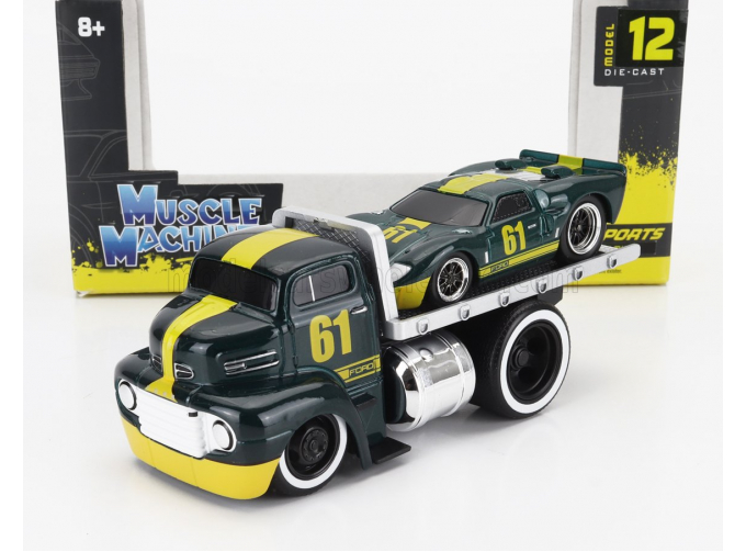 FORD Coe Flatbed Truck Car Transporter (1965) With FORD Gt40 №61 Custom (1966), Green Met Yellow