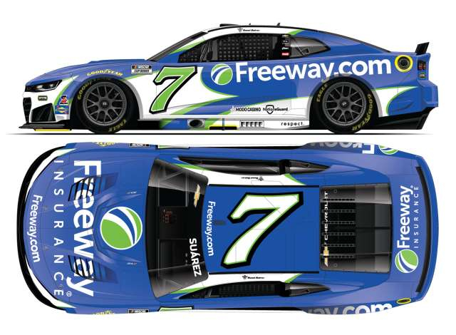 Chevrolet #7 Daniel Suarez *Freeway Insurance*, blue/green/white 2026