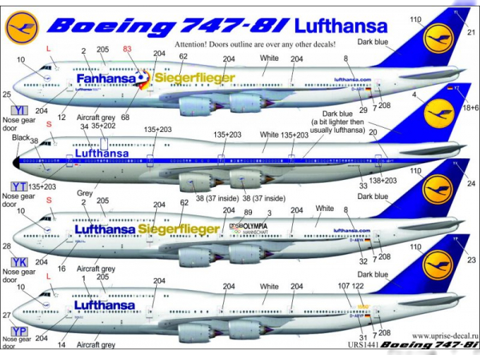 Декаль для авиалайнера 747-8i Old Lufthansa with Retro с тех. надписями и маской