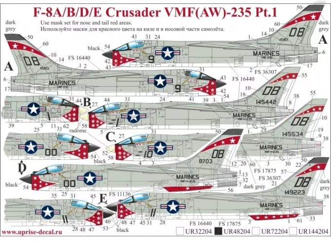 Декаль для F-8A/B/D/E Crusader VMF(AW)-235 с тех. надписями (удаляемая лаковая подложка)