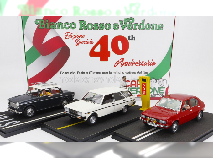 FIAT Set 3x Carlo Verdone Bianco Rosso E Verdone Movie With Gadget - 131 Panorama Sw (1981) With Furio Zoccano Figure And Sos Yellow Column + 1100d With Mimmo Figure (1981) + Alfasud With Pasquale Amitrano Figure 1981, Various