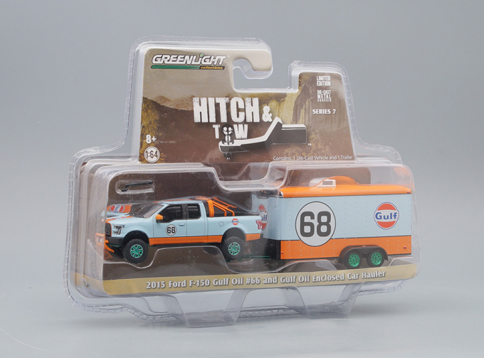 FORD F-150 "Gulf Oil" #68 с прицепом Car Hauler (2015), blue / orange (Greenlight!)