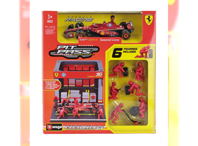 FERRARI F1 Sf-24 Diorama Garage Pit-stop Team Scuderia Ferrari №16 Season (2024) Charles Leclerc With Crew Figure And Accessories, Red Black
